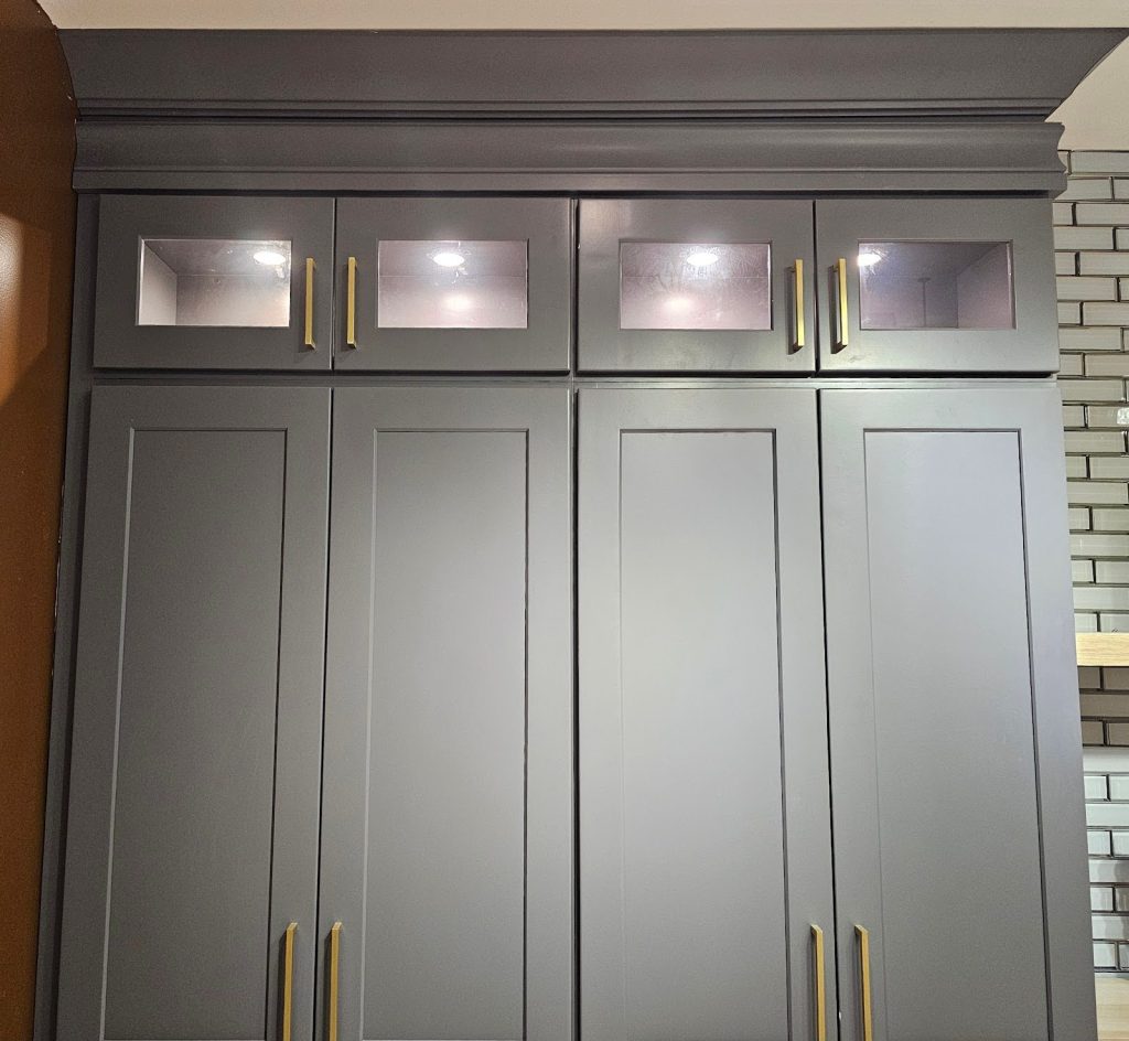 Elegant Grey Cabinets paired with white open shelving