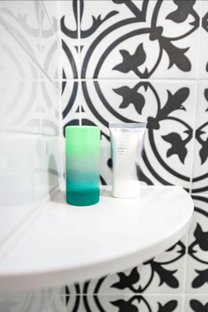 Overhead rain shower head with dual control valves installation design