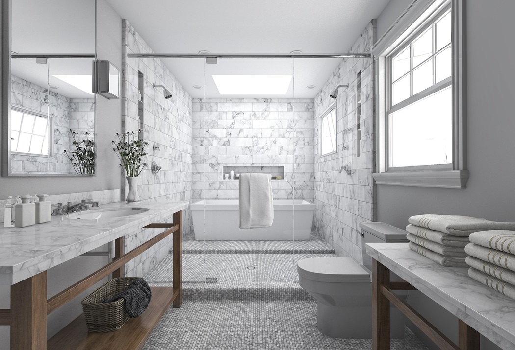 Completed Bathroom Remodeling featuring custom shower, elegant flooring, and contemporary design in Montgomery County MD