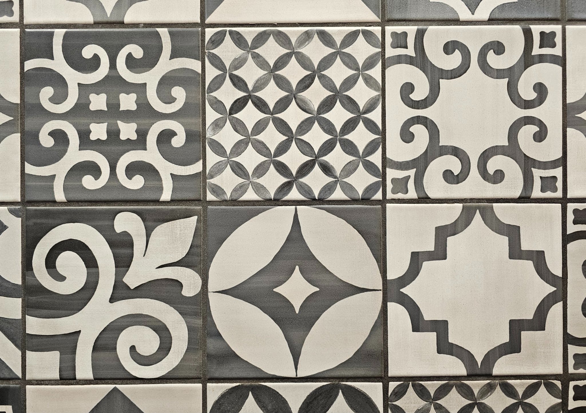 Patchwork encaustic tile replicas with decorative patterns
